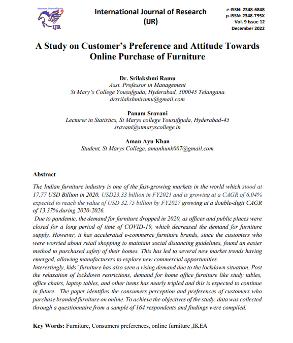 Abstract: A Study on Customer’s Preference and Attitude Towards Online Purchase of Furniture