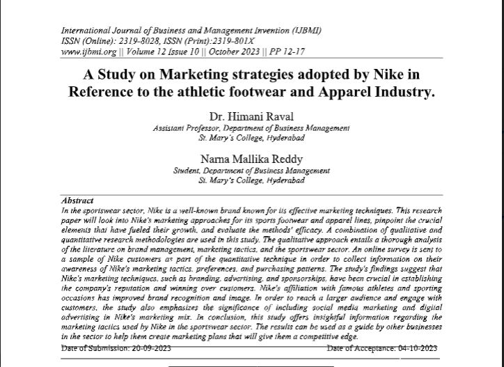 A Study on the effectiveness of the Marketing strategies adopted by Nike in Reference to the athletic footwear and Apparel Industry.
