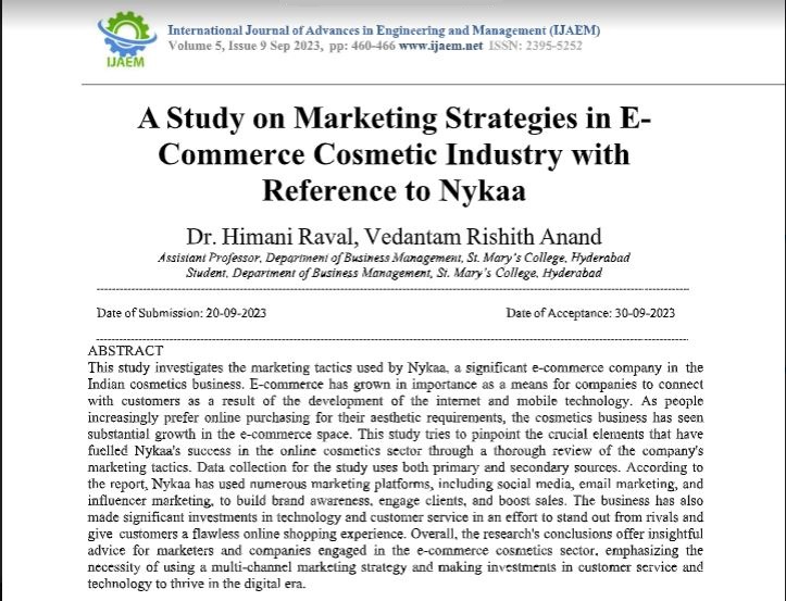 Abstract: A Study on Marketing Strategies in E- Commerce Cosmetic Industry with Reference to Nykaa